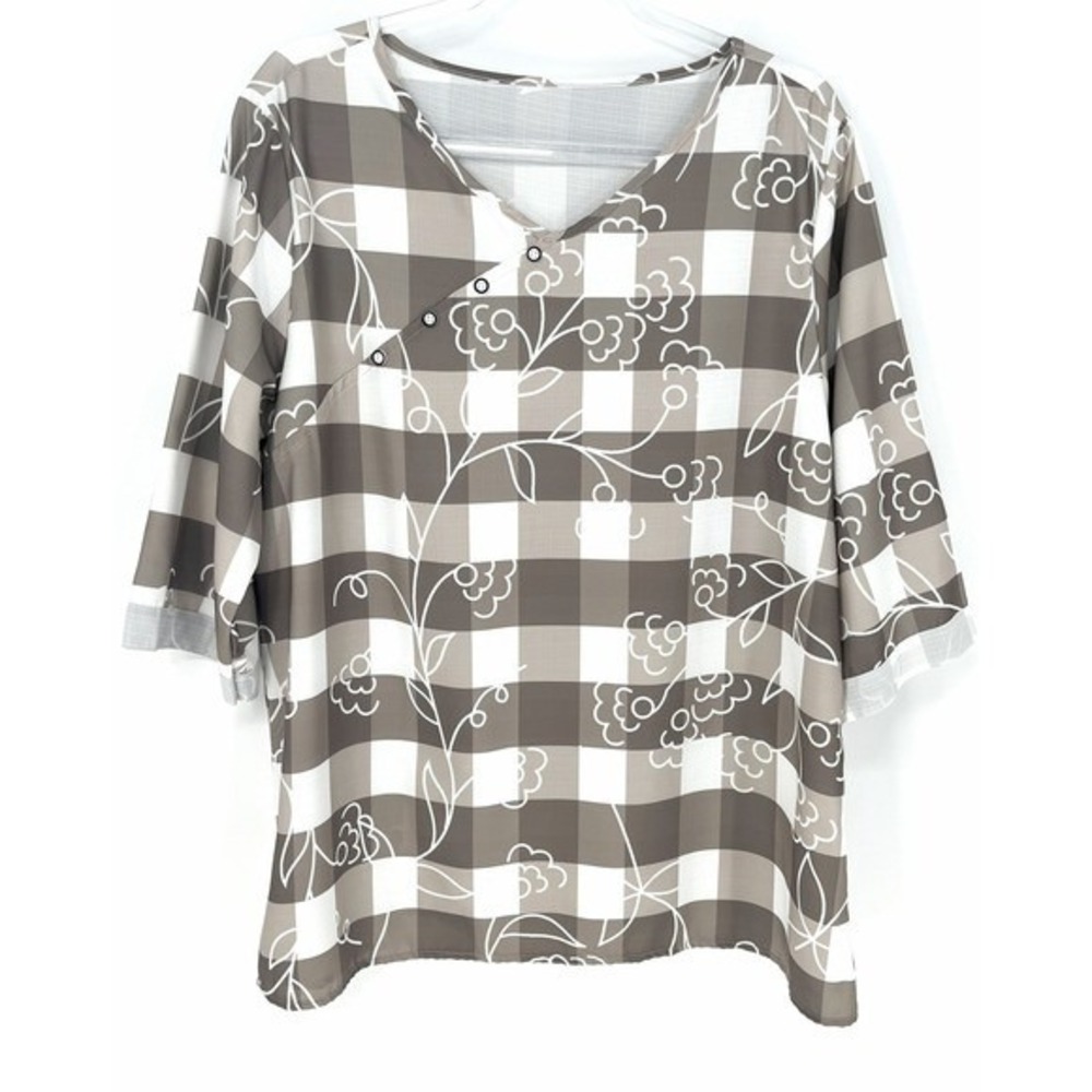 Taupe Brown White Check Floral Print Womens 2XL‎ Blouse Button Detail Teacher